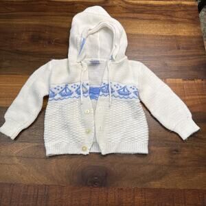 Vtg Atkins Baby Boy Sweater Cardigan Made White Boats 3-6M